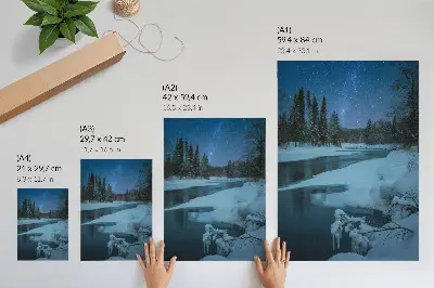 Impression sur toile paysage d'hiver avec rivière, arbres et étoiles