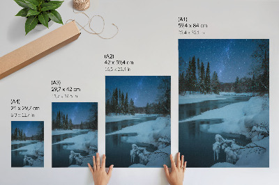 Impression sur toile Paysage d'hiver, rivière, arbres, étoiles