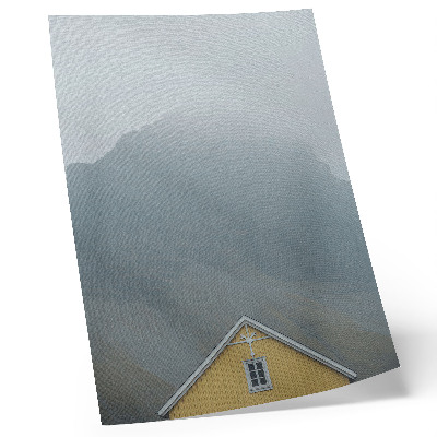 Affiche décorative Maison jaune, montagnes brumeuses, atmosphère paisible