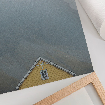 Affiche décorative Maison jaune, montagnes brumeuses, atmosphère paisible
