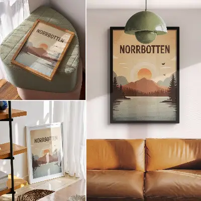 Affiche décorative paysage de montagne au bord d'un lac avec des arbres au coucher du soleil dans des tons turquoise et beige