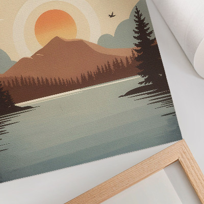 Affiche décorative Paysage lac montagne coucher de soleil arbres turquoise beige