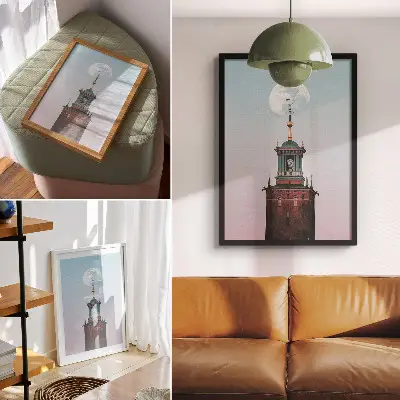 Impression sur toile représentant une tour sous une lune avec un fond pastel calme