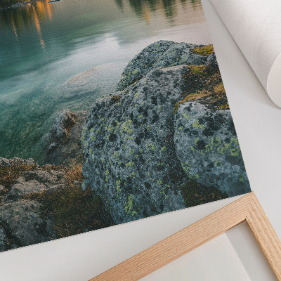 Affiche décorative Montagnes, lac, île, matin brumeux