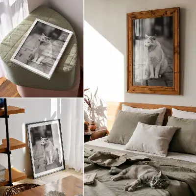 Impression sur toile chat adorable dans une rue pavée esthétique noir et blanc