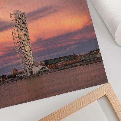 Impression sur toile Tour moderne, ciel pastel, coucher de soleil