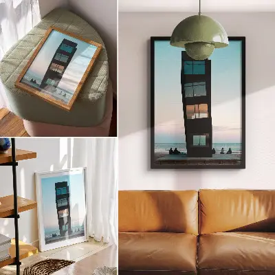 Impression sur toile tour noire moderne surplombant une mer bleue