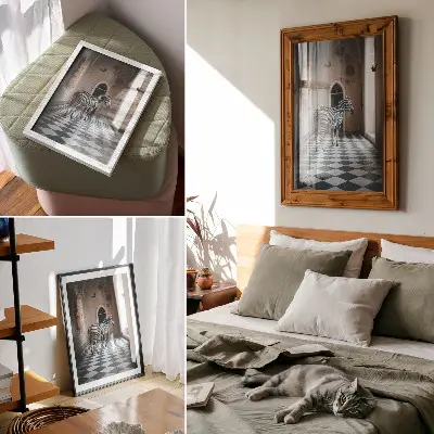 Affiche décorative zèbre sur fond d'architecture avec des oiseaux en vol