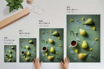 Décoration murale fond vert avec thé, poires, fleurs et feuilles