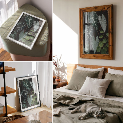 Impression sur toile Les feuilles vertes contrastent avec le fond sombre, dans un style moderne.