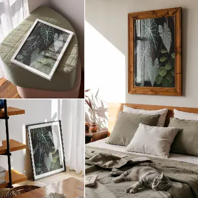 Impression sur toile représentant des feuilles vertes sur un fond sombre dans un style moderne