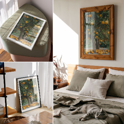 Affiche décorative Des oranges juteuses sur un arbre dans un verger verdoyant