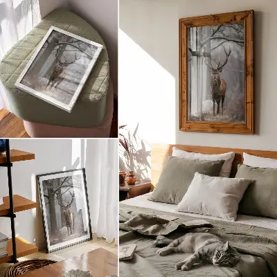 Affiche décorative représentant des cerfs dans la majestueuse forêt hivernale aux nuances de gris
