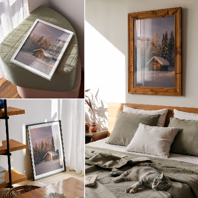 Impression sur toile Forêt d'hiver, chalet en bois, paix, harmonie, nature