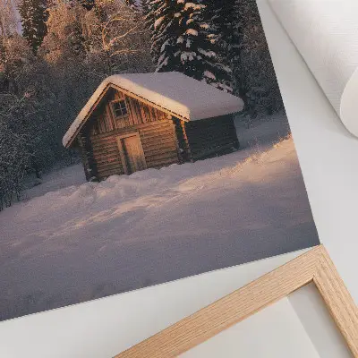 Impression sur toile forêt d'hiver avec un chalet en bois évoquant la paix et l'harmonie de la nature