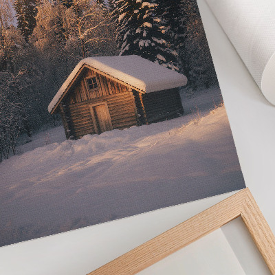 Impression sur toile Forêt d'hiver, chalet en bois, paix, harmonie, nature