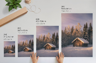 Impression sur toile Forêt d'hiver, chalet en bois, paix, harmonie, nature