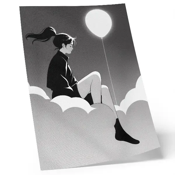 Impression sur toile représentant une silhouette sur un nuage avec un ballon dans un style minimaliste