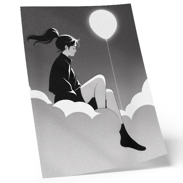 Impression sur toile Une silhouette sur un nuage avec un ballon dans un style minimaliste