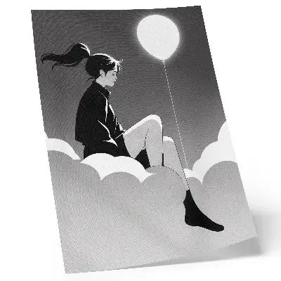 Impression sur toile représentant une silhouette sur un nuage avec un ballon dans un style minimaliste