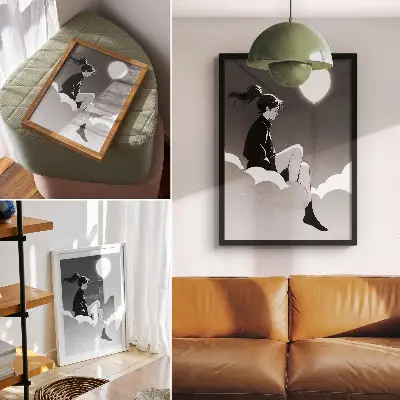 Impression sur toile représentant une silhouette sur un nuage avec un ballon dans un style minimaliste
