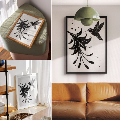 Affiche décorative Colibri et fleur contrastant sur fond blanc