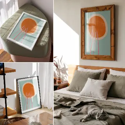 Impression sur toile cercle orange sur fond turquoise avec lignes roses