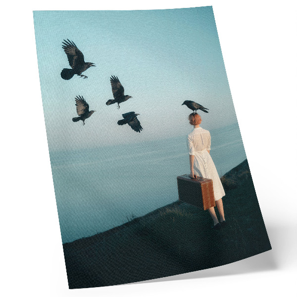 Affiche décorative Femme à la valise, oiseaux, ciel, surréalisme