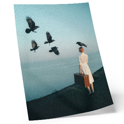 Affiche décorative Femme à la valise, oiseaux, ciel, surréalisme