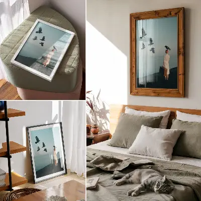 Affiche décorative femme à la valise avec des oiseaux dans un ciel surréaliste