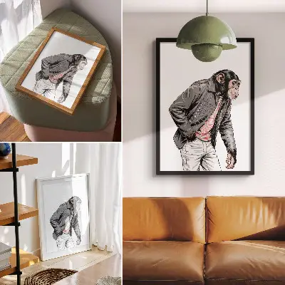 Affiche décorative chimpanzé stylé vêtu d'une veste à motif contrasté