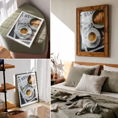 Affiche décorative avec un motif élégant de café et de croissant sur fond noir et blanc pour une ambiance détente