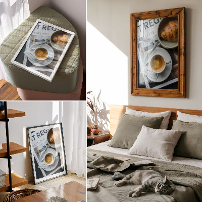 Affiche décorative Fond noir et blanc, café, croissant, élégance, détente