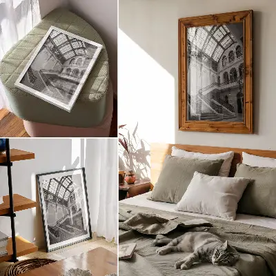 Affiche décorative représentant un escalier, de grandes fenêtres et de hauts plafonds