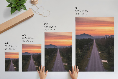 Affiche décorative Une route droite à travers la forêt au coucher du soleil aux teintes pastel