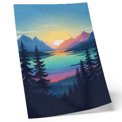 Décoration murale montagnes colorées au coucher du soleil au bord d'un lac