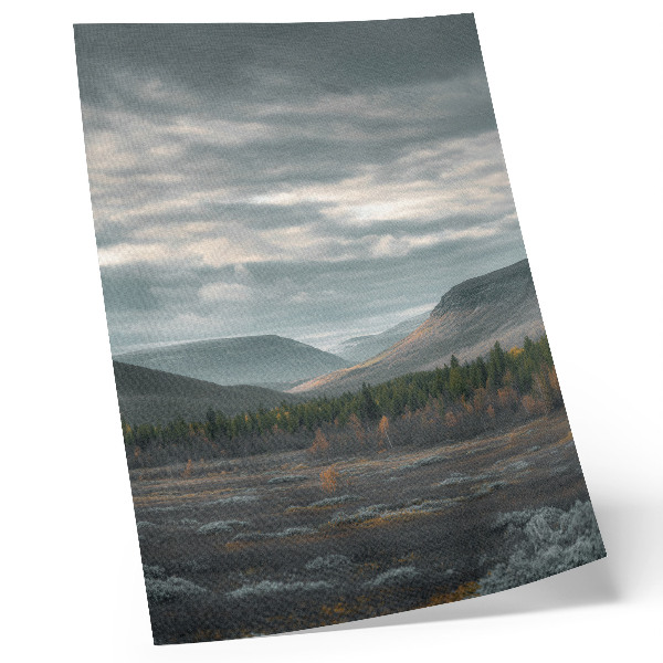 Impression sur toile Montagnes nuageuses, arbres verts, vallée paisible
