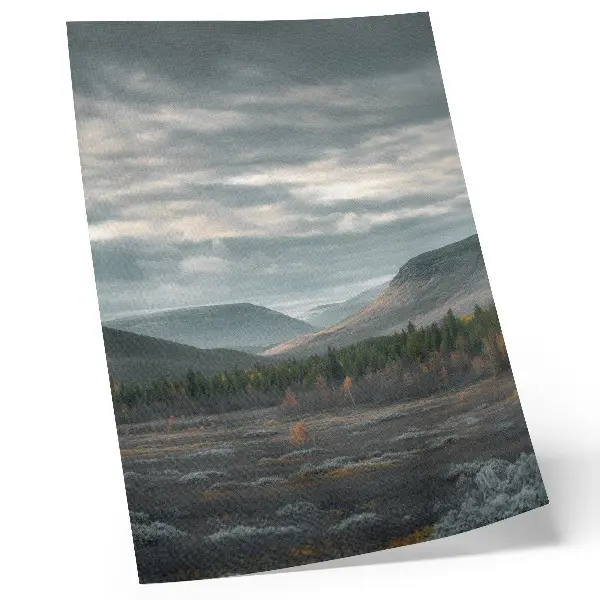 Impression sur toile représentant des montagnes nuageuses, des arbres verts et une vallée paisible