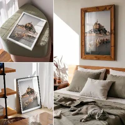 Décoration murale représentant un château sur une colline avec des moutons et du sable dans une atmosphère paisible
