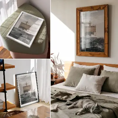 Affiche décorative navire en mer dans un style minimaliste évoquant l'harmonie et la majesté