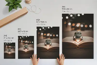 Impression sur toile voiture miniature posée sur un livre avec des effets de lumières magiques