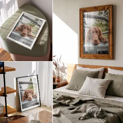 Affiche décorative chien brun près du véhicule avec des arbres verts