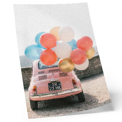 Affiche décorative Voiture rose avec des ballons sur fond rétro