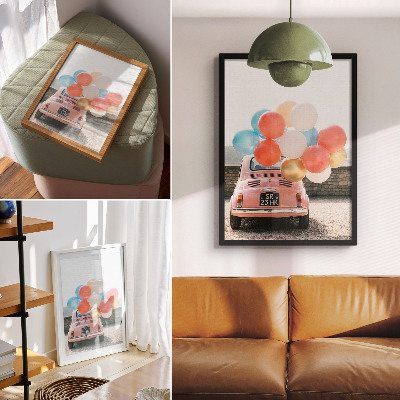 Affiche décorative Voiture rose avec des ballons sur fond rétro
