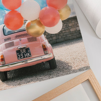 Affiche décorative Voiture rose avec des ballons sur fond rétro
