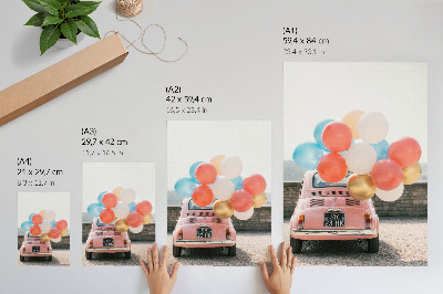 Affiche décorative Voiture rose avec des ballons sur fond rétro