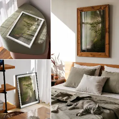 Décoration murale feuilles vertes avec rayon de lumière sur un chemin forestier