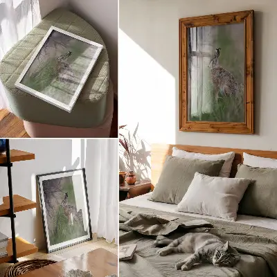 Affiche décorative représentant un lièvre dans l'herbe au milieu de branches et de verdure