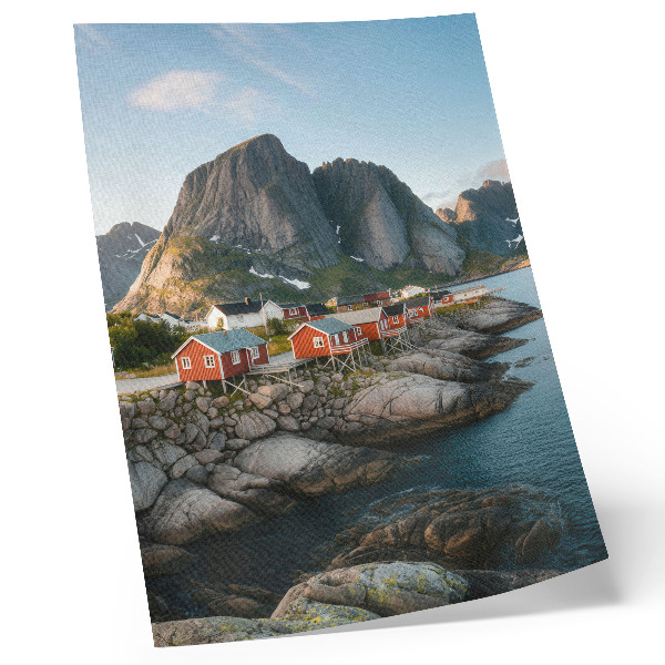 Affiche décorative Maisons rouges, fjord, montagnes, coucher de soleil