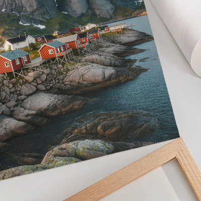 Affiche décorative Maisons rouges, fjord, montagnes, coucher de soleil